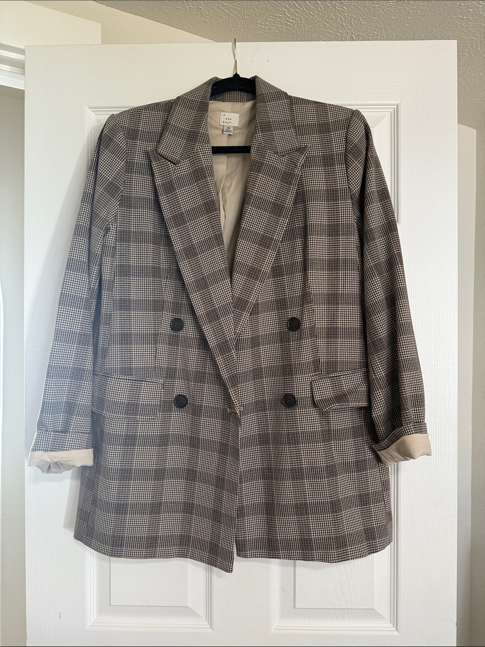 a new day Plaid Double-Breasted Blazer in Brown and Cream